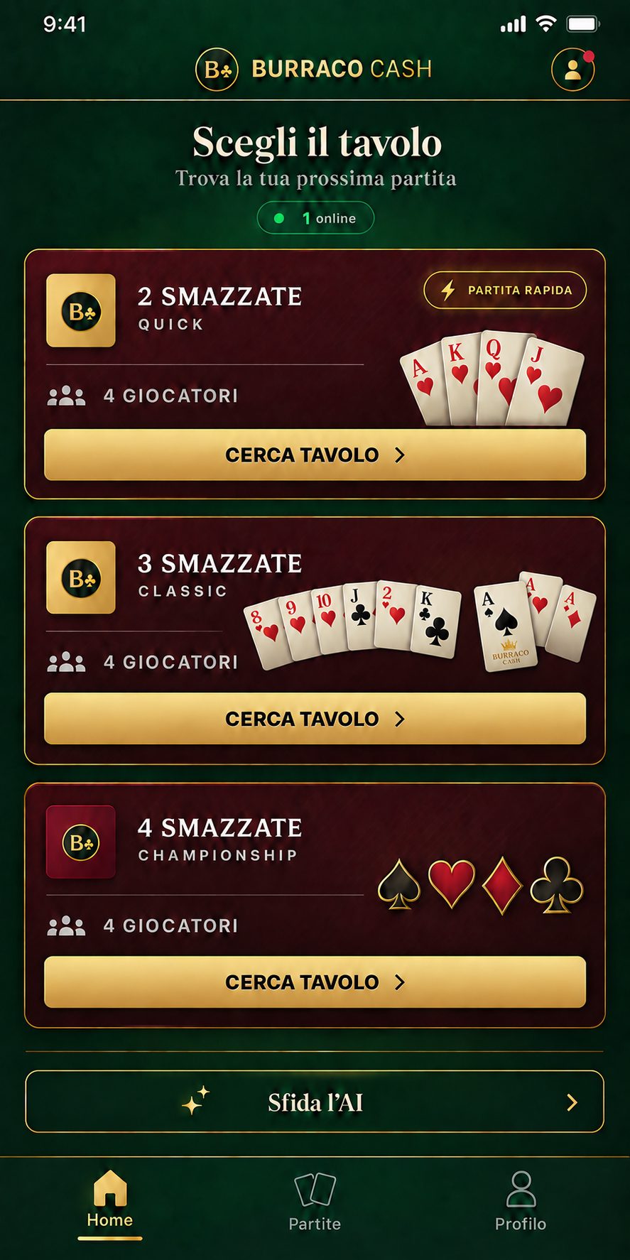 Schermata della lobby di Burraco Cash con le modalità di gioco